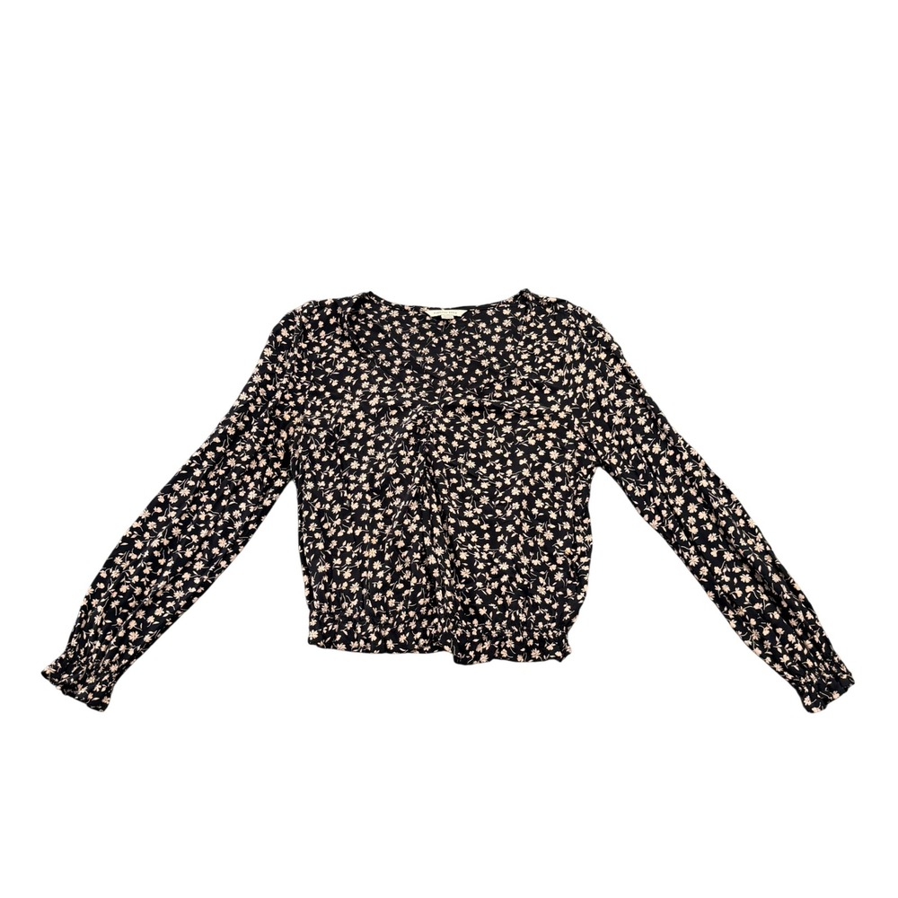 American Eagle Womens Small Black Floral Long Sleeve V-Neck Elastic Hem Blouse